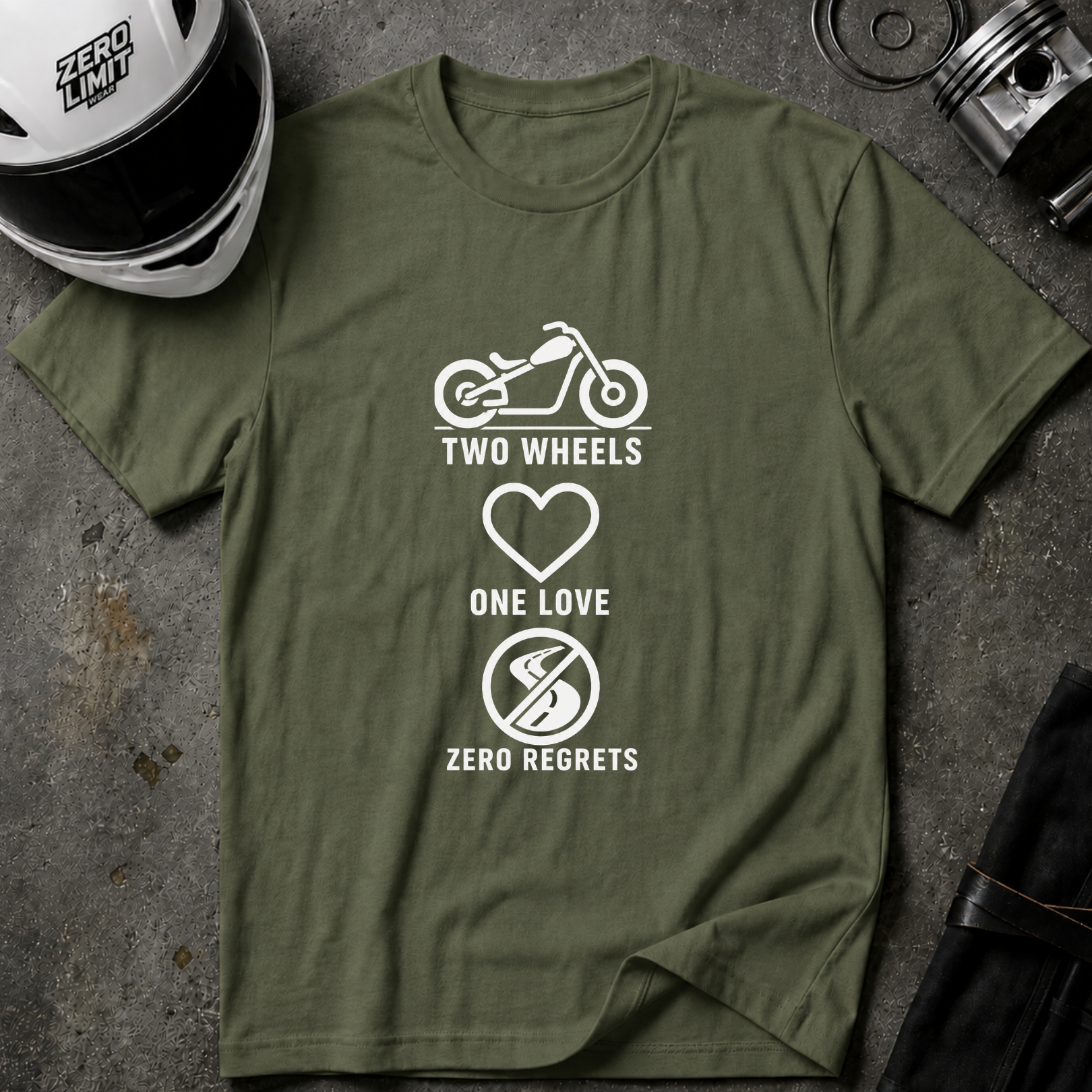 2 WHEELS, 1 LOVE, 0 REGRETS T-SHIRT