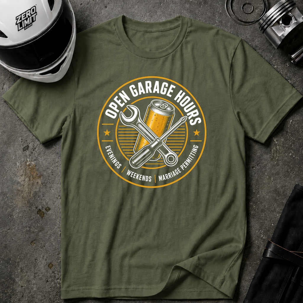 OPEN GARAGE HOURS T-SHIRT