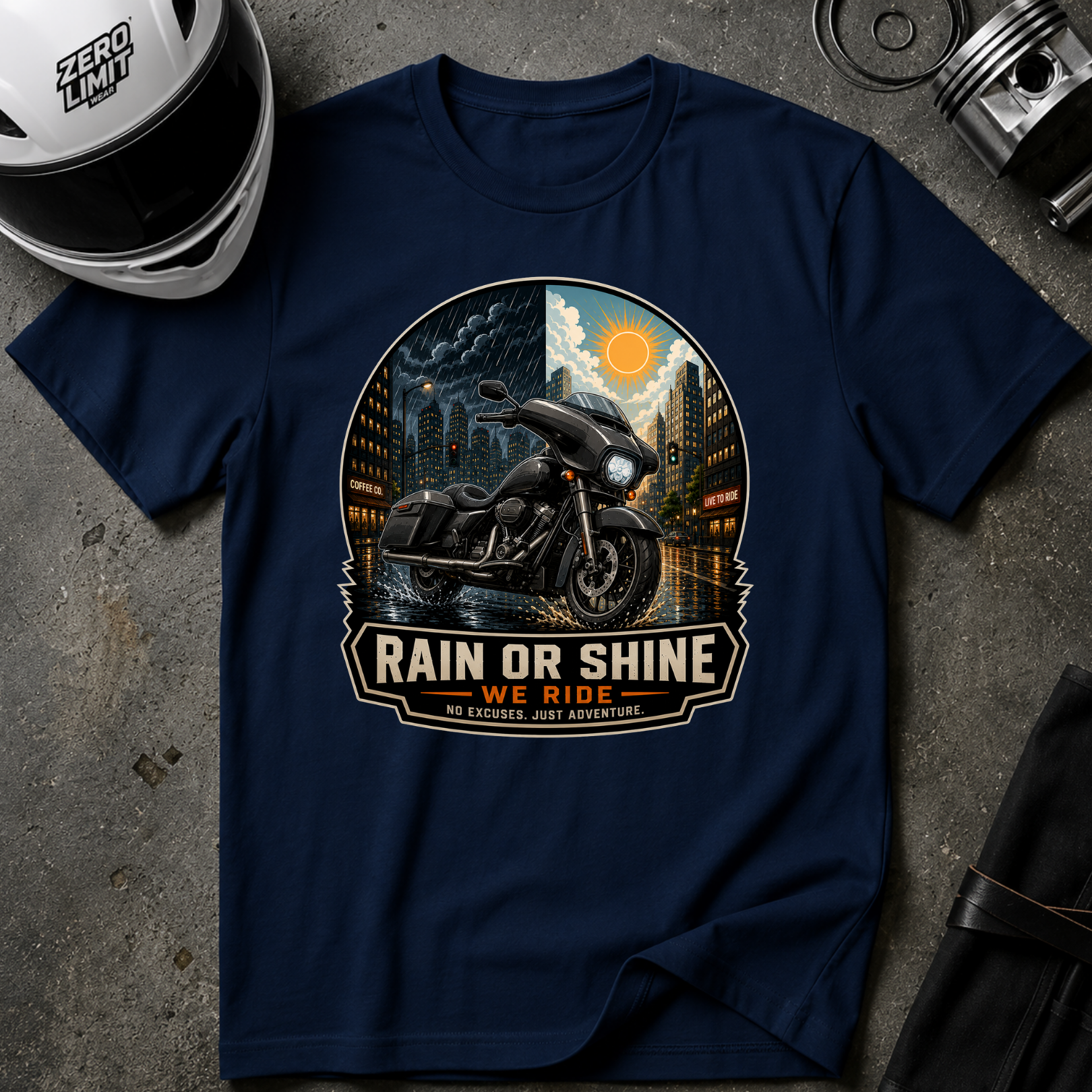 RAIN OR SHINE, WE RIDE T-SHIRT