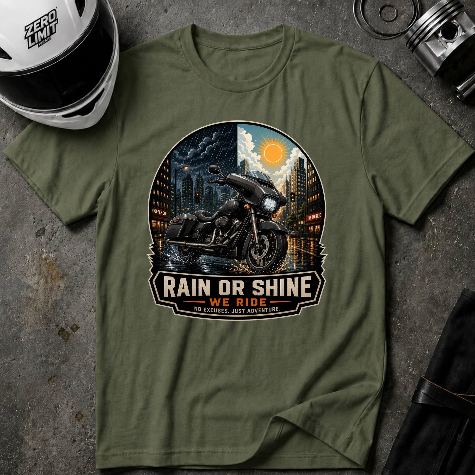 RAIN OR SHINE, WE RIDE T-SHIRT
