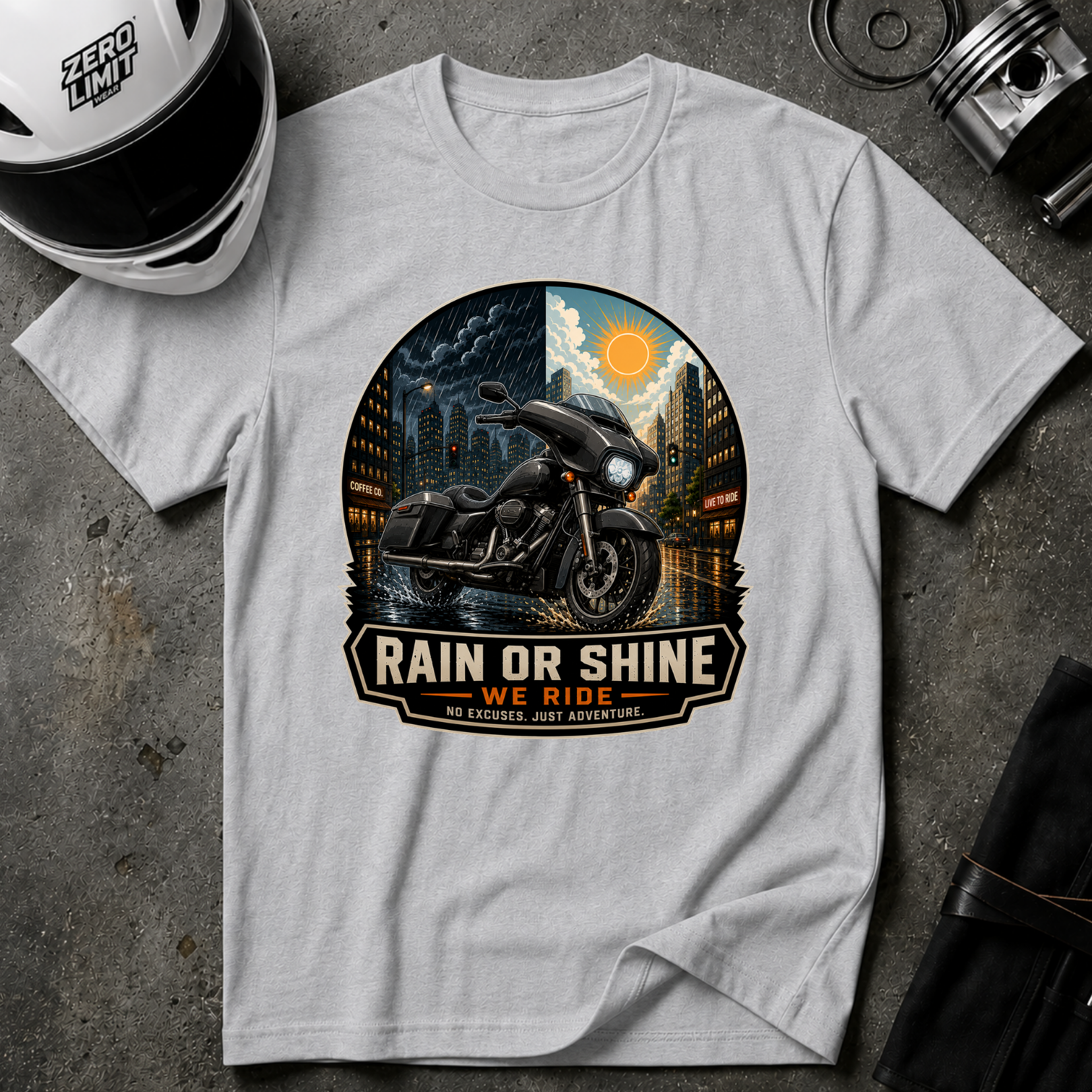 RAIN OR SHINE, WE RIDE T-SHIRT