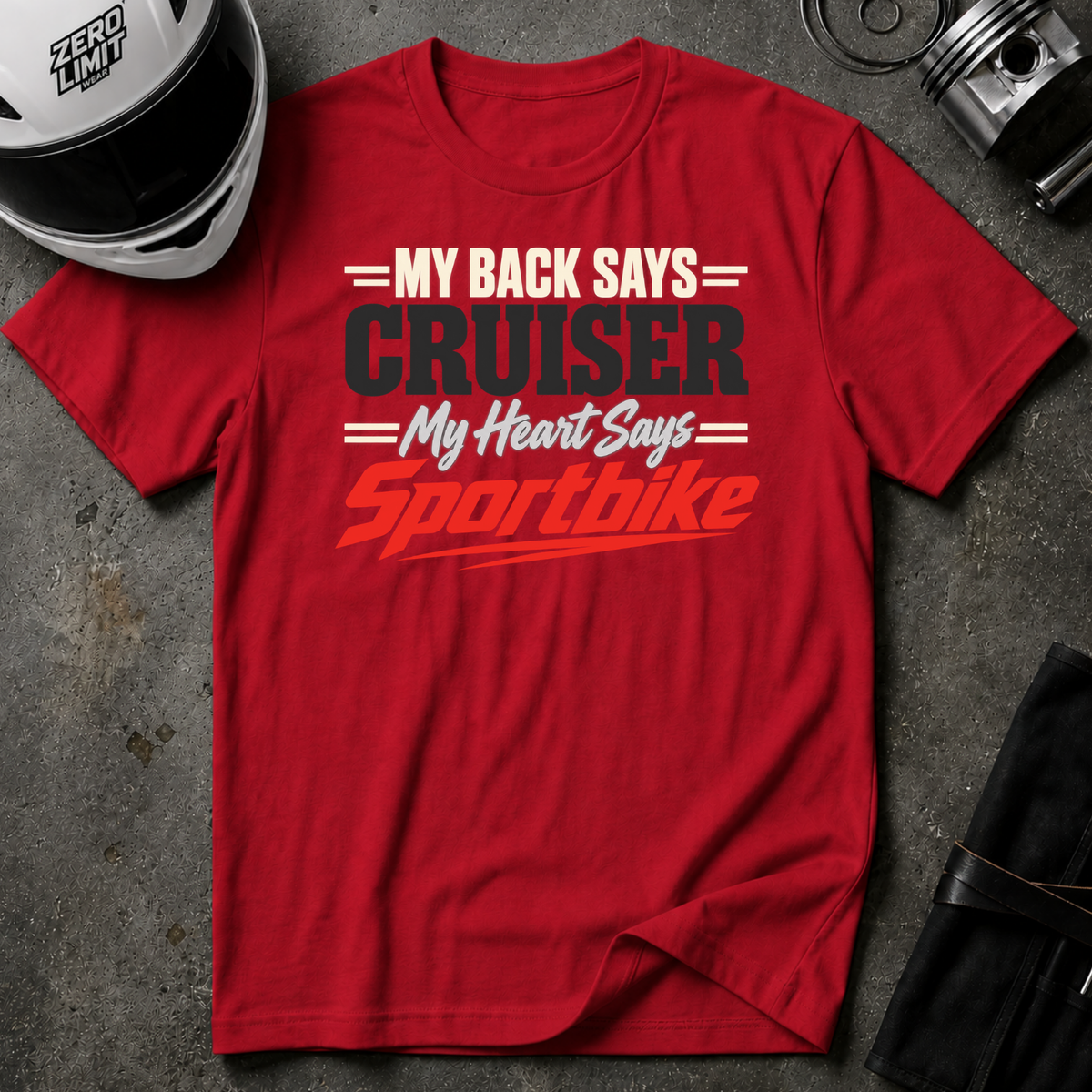 BACK SAYS CRUISER, HEART SAYS SPORTBIKE T-SHIRT
